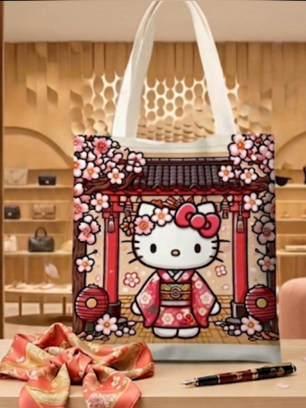 Hello Kitty Floral Zip Top Kimono Tote Bag - Pink & White NWOT